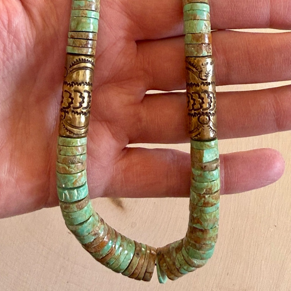 RARE_VINTAGE_Santo Domingo Tony Aguilar Sr. Brass & NATURAL Turquoise Necklace